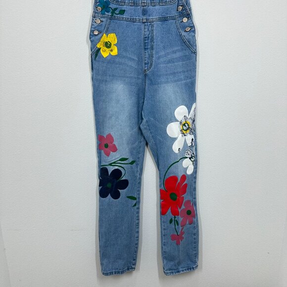 Misslook Floral Painted Denim Bib Overalls Festival Quirky Women's Size Small - Picture 10 of 12